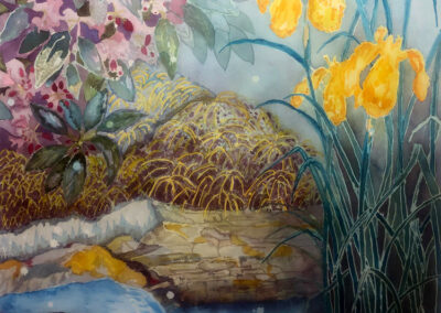 Diane Rudzinski - Pondside With Gold Koi Iris watercolor